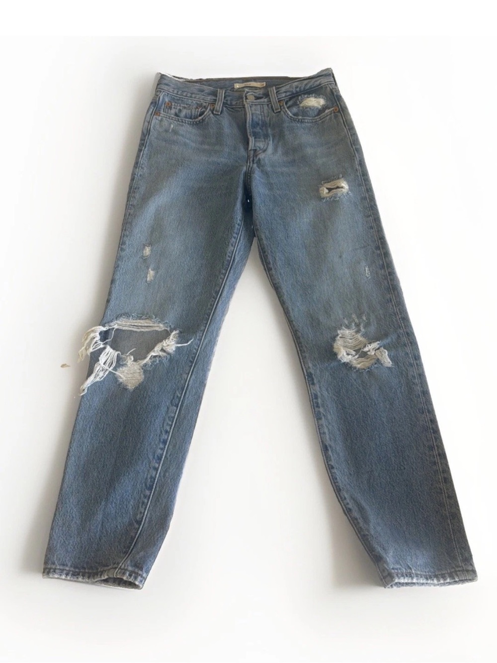Levis Wedgie Straight Denim Jeans Women Sz 26 Blue Distressed Button Fly Soft